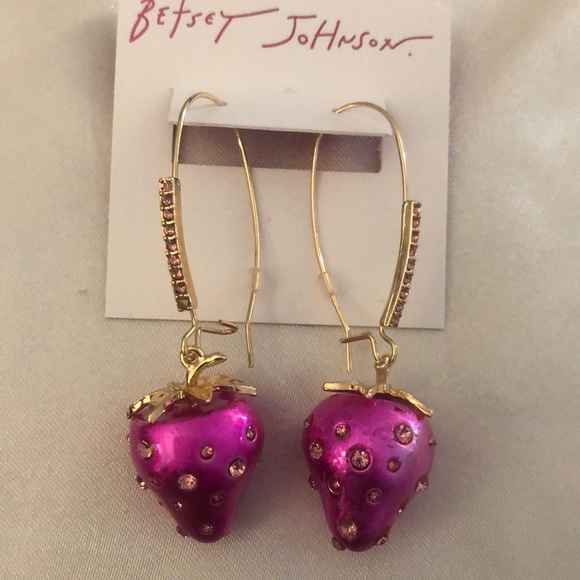 Betsey Johnson Gold Tone Metallic Fuchsia Strawberry Drop Earrings Crystal NWT - Picture 8 of 12